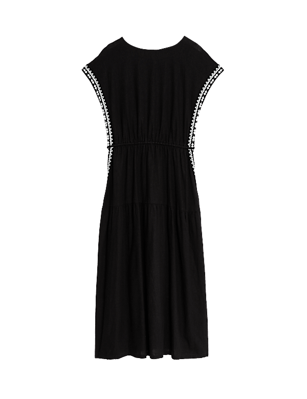Linen Rich Embroidered Tie Waist Midi Dress