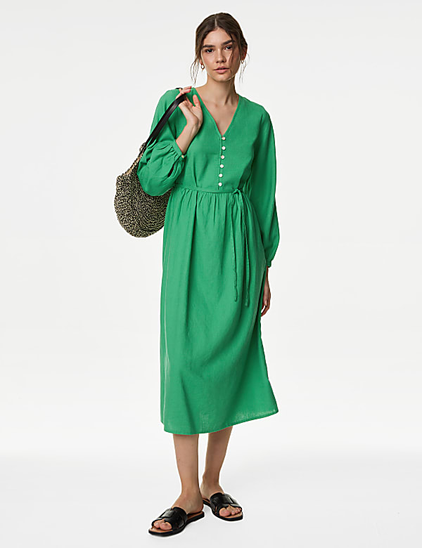 Linen Rich V-Neck Midi Shift Dress