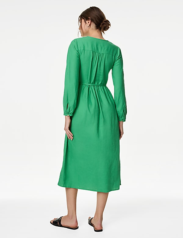 Linen Rich V-Neck Midi Shift Dress