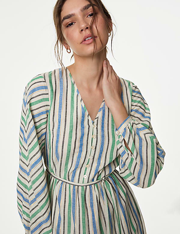 Linen Blend Metallic V-Neck Midi Shift Dress