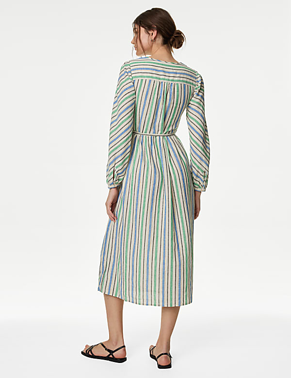 Linen Blend Metallic V-Neck Midi Shift Dress