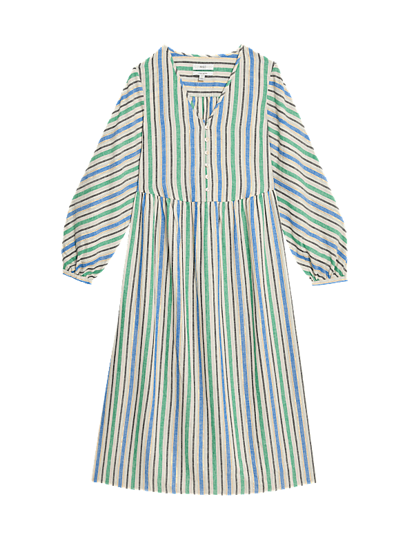 Linen Blend Metallic V-Neck Midi Shift Dress