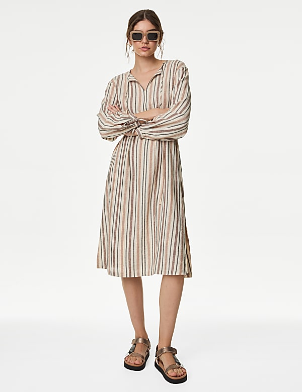 Linen Blend Striped Midi Shift Dress - CY