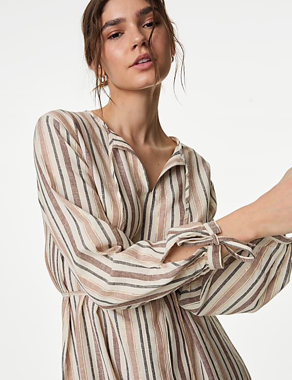 Linen Blend Striped Midi Shift Dress