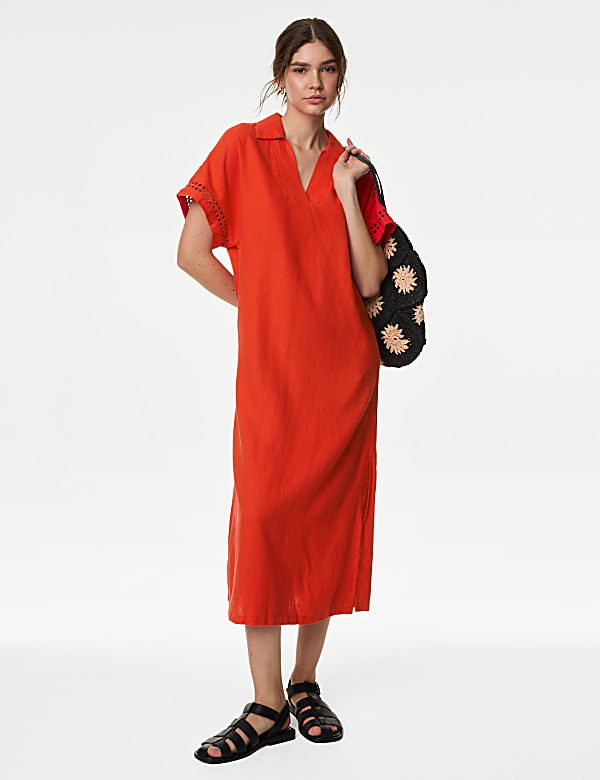 Linen Rich V Neck Collared Midi Shift Dress