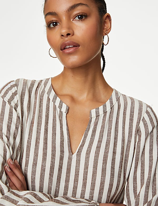 Linen Rich Striped V-Neck Midaxi Tiered Dress