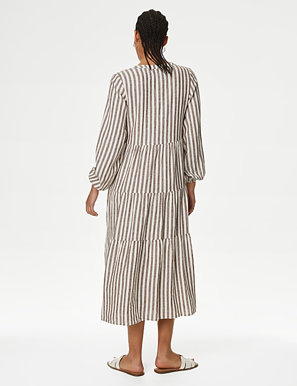 Linen Rich Striped V-Neck Midaxi Tiered Dress