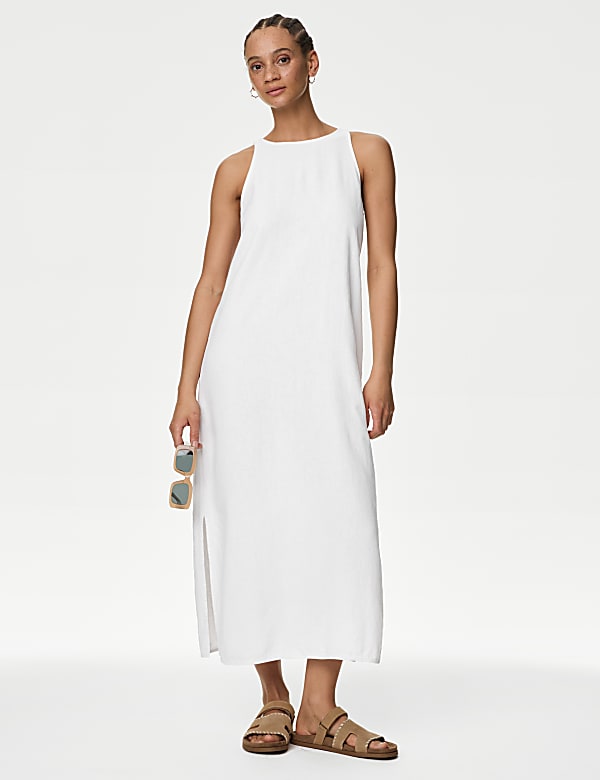 Linen Rich Round Neck Midi Slip Dress WHITE Dresses M S SG