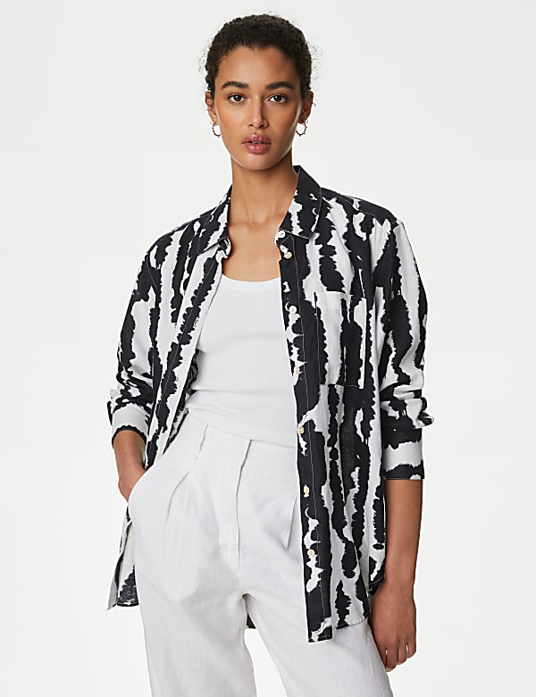 Pure Linen Printed Collared Relaxed Shirt - AL