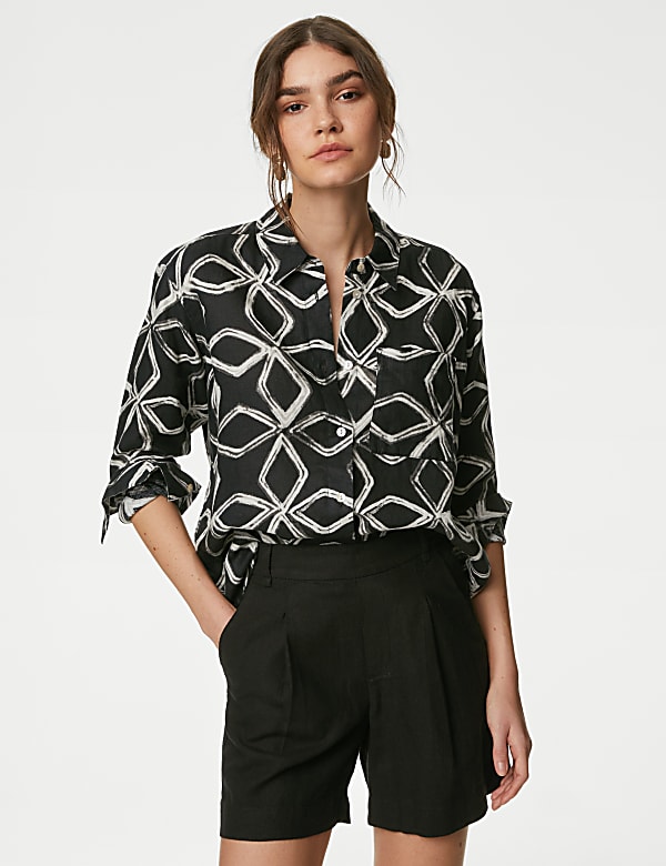 Pure Linen Printed Collared Relaxed Shirt