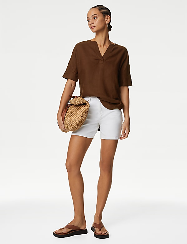 Pure Linen V-Neck Popover Blouse - FI