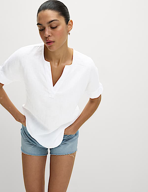 Pure Linen V-Neck Popover Blouse - AT