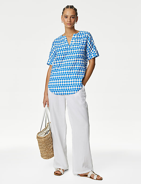 Pure Linen Printed V-Neck Popover Blouse - KR