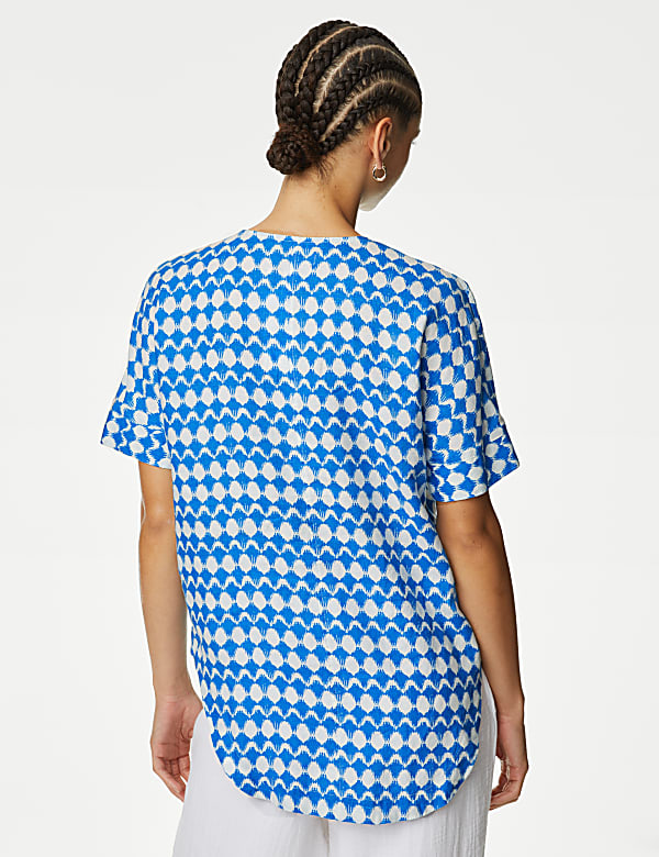 Pure Linen Printed V-Neck Popover Blouse