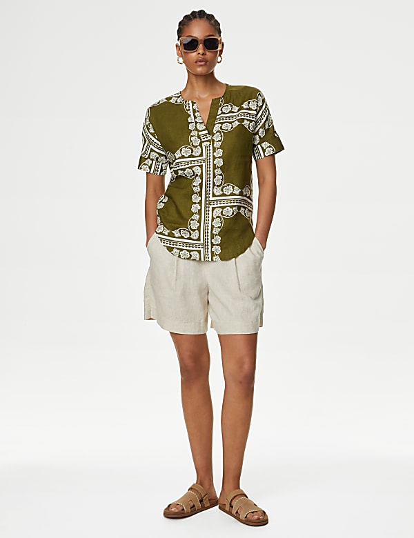 Pure Linen Printed V-Neck Popover Blouse