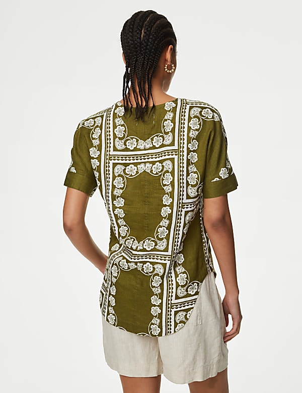 Pure Linen Printed V-Neck Popover Blouse