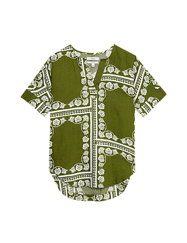 Pure Linen Printed V-Neck Popover Blouse