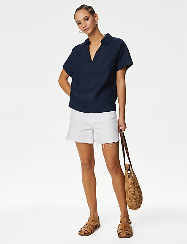 Pure Linen Collared Popover Blouse - US