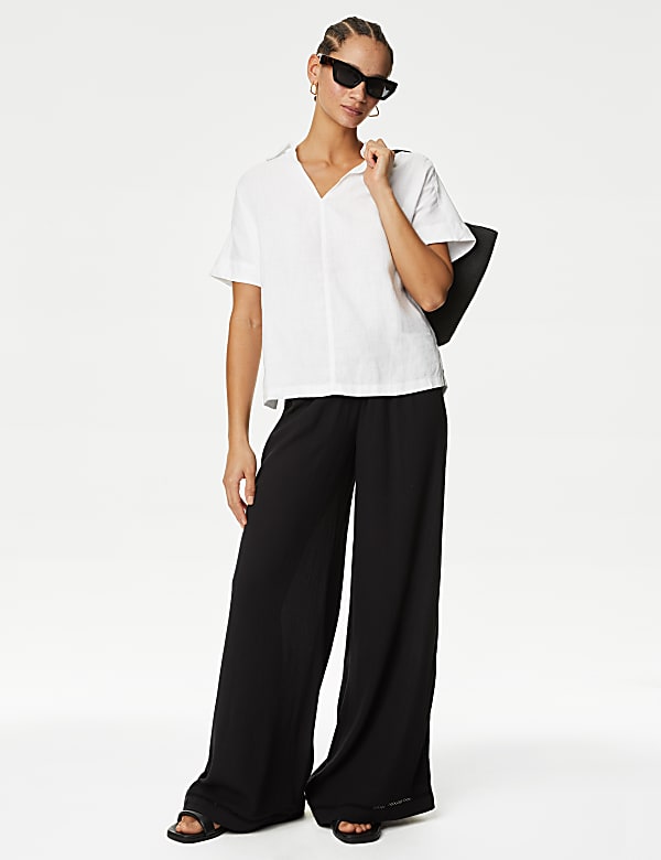 Pure Linen Collared Popover Blouse - FR