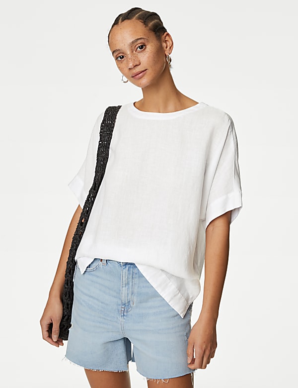 Pure Linen Round Neck Relaxed Blouse - SI