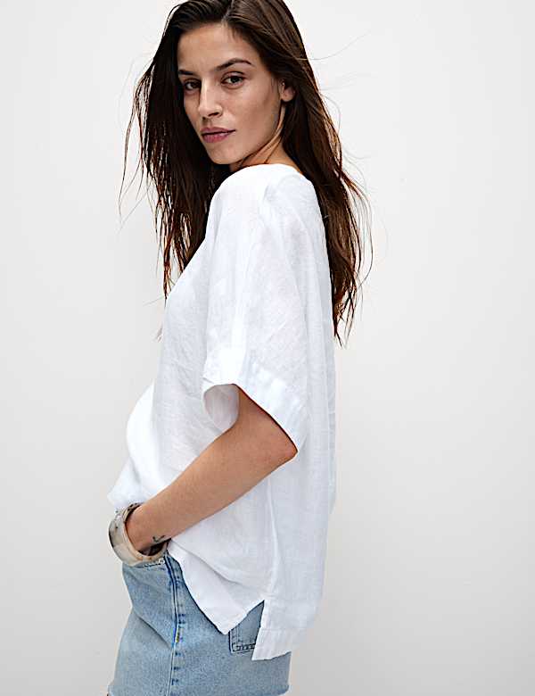 Pure Linen Round Neck Relaxed Blouse - UA