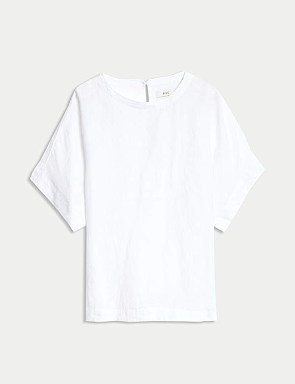 Pure Linen Round Neck Relaxed Blouse - PT
