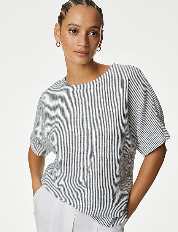Zuiver linnen, ruimvallende blouse met print - NL