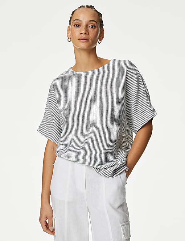 Blouse coupe d&eacute;contract&eacute;e 100 % lin avec imprim&eacute; - FR