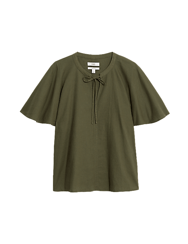 Linen Rich Tie Neck Angel Sleeve Blouse