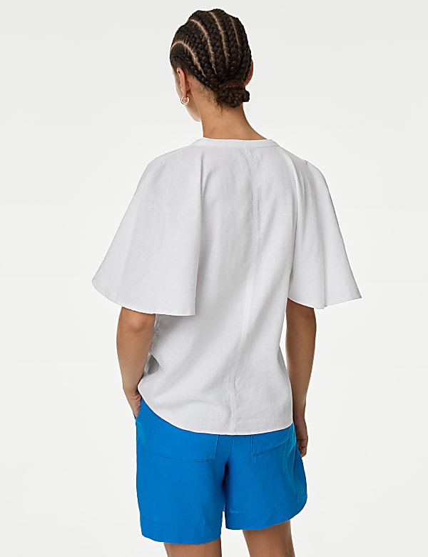 Linen Rich Tie Neck Angel Sleeve Blouse