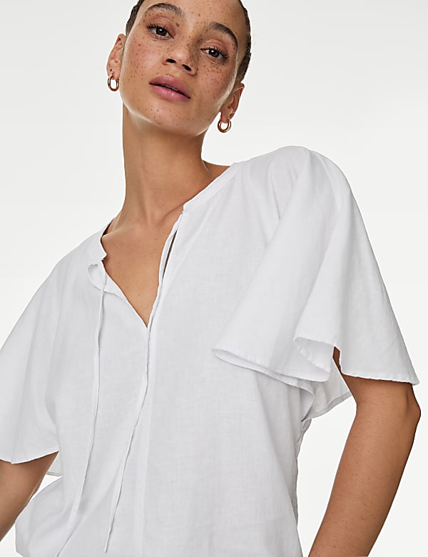 Linen Rich Tie Neck Angel Sleeve Blouse
