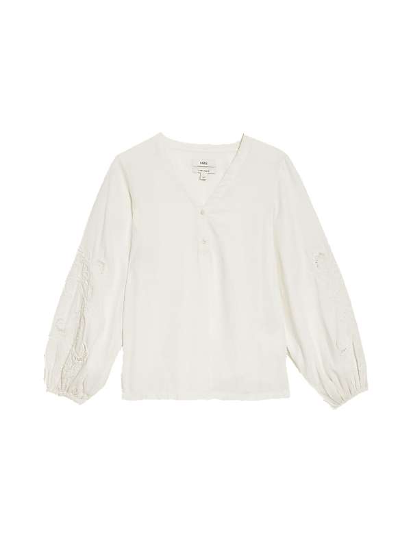 Linen Blend Embroidered V-Neck Blouse