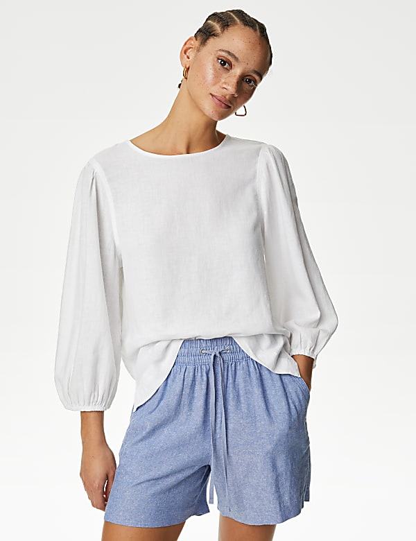 Linen Blend Round Neck Button Detail Blouse
