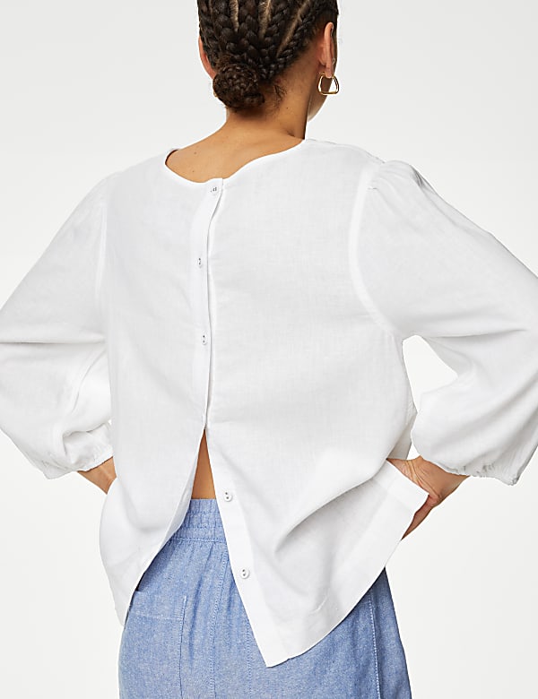 Linen Blend Round Neck Button Detail Blouse