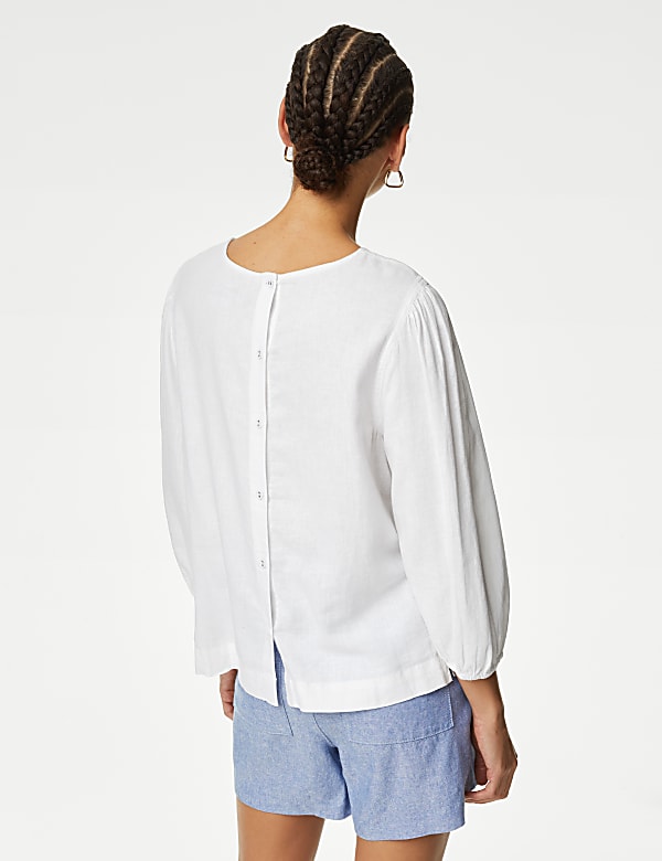 Linen Blend Round Neck Button Detail Blouse