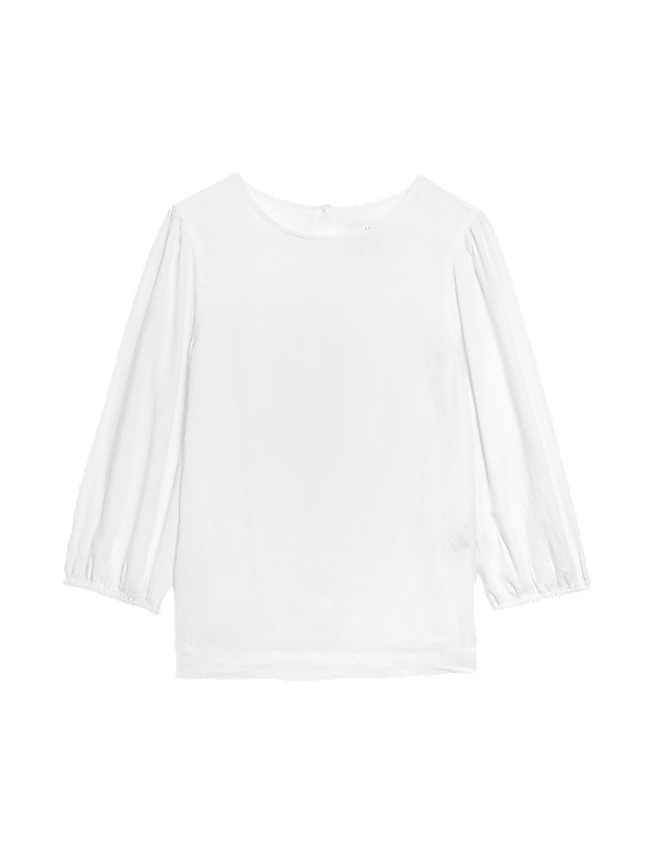 Linen Blend Round Neck Button Detail Blouse