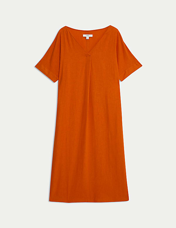 שמלת מידי מבד עשיר בפשתן עם צווארון וי ורכיסת כפתורים חלקית - IL