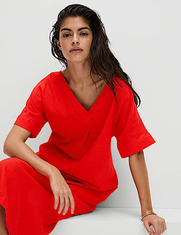 Linen Rich V-Neck Popover Midi Dress