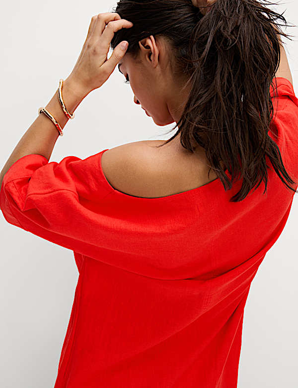 Linen Rich V-Neck Popover Midi Dress