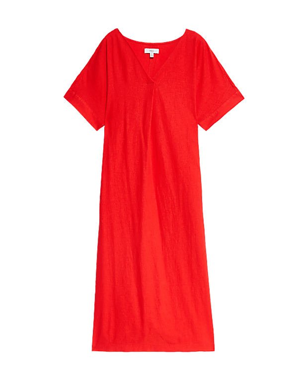 Linen Rich V-Neck Popover Midi Dress