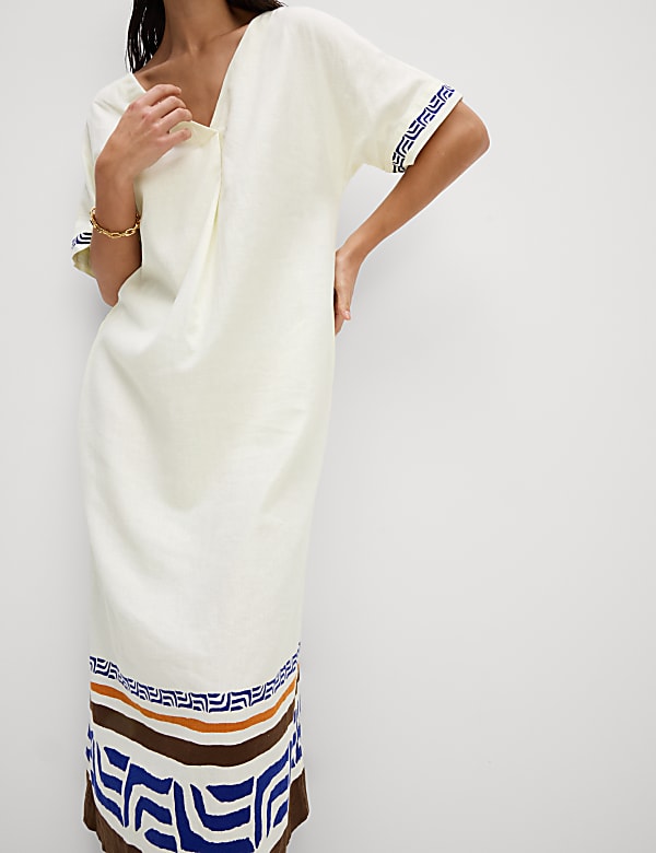 Linen Rich Printed V-Neck Midi Shift Dress