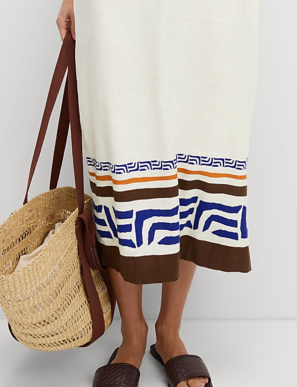 Linen Rich Printed V-Neck Midi Shift Dress