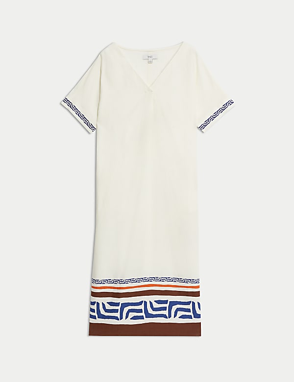 Linen Rich Printed V-Neck Midi Shift Dress - SK