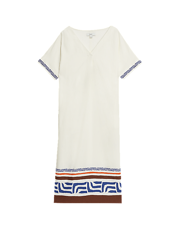 Linen Rich Printed V-Neck Midi Shift Dress