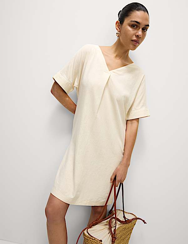 Linen Rich V-Neck Mini Shift Dress - US
