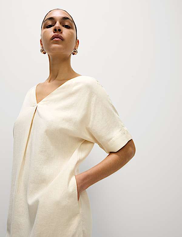 Linen Rich V-Neck Mini Shift Dress