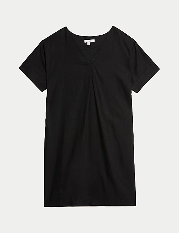 Rechte linnenrijke mini-jurk met V-hals - BE