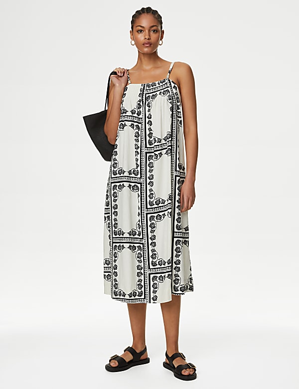 Linen Rich Beaded Midi Shift Cami Dress