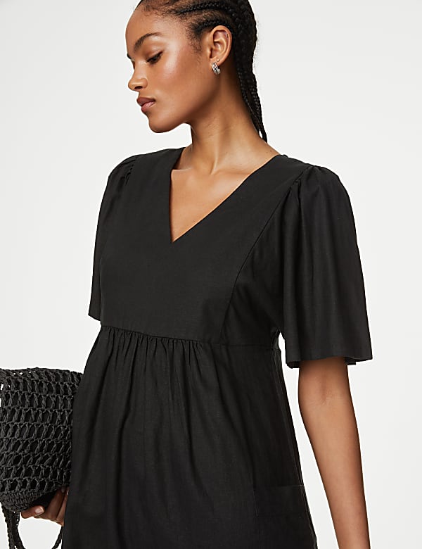 Linen Rich Kimono Sleeve Midi Smock Dress BLACK Dresses M S CH