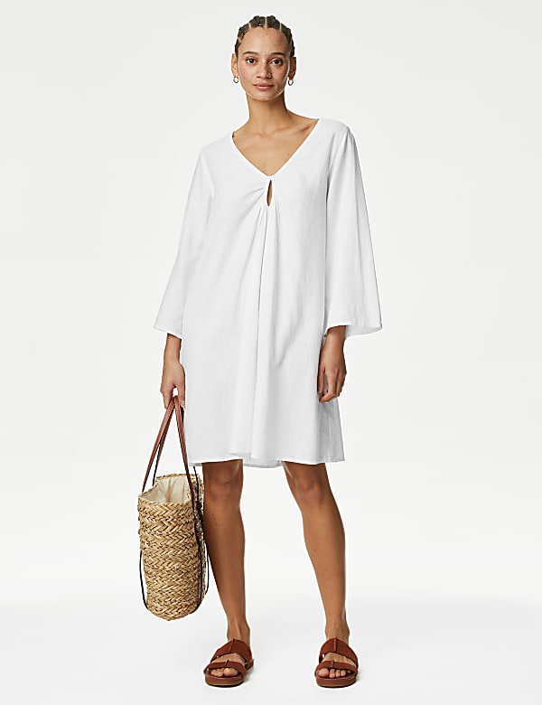 Linen Rich V-Neck Mini Beach Dress